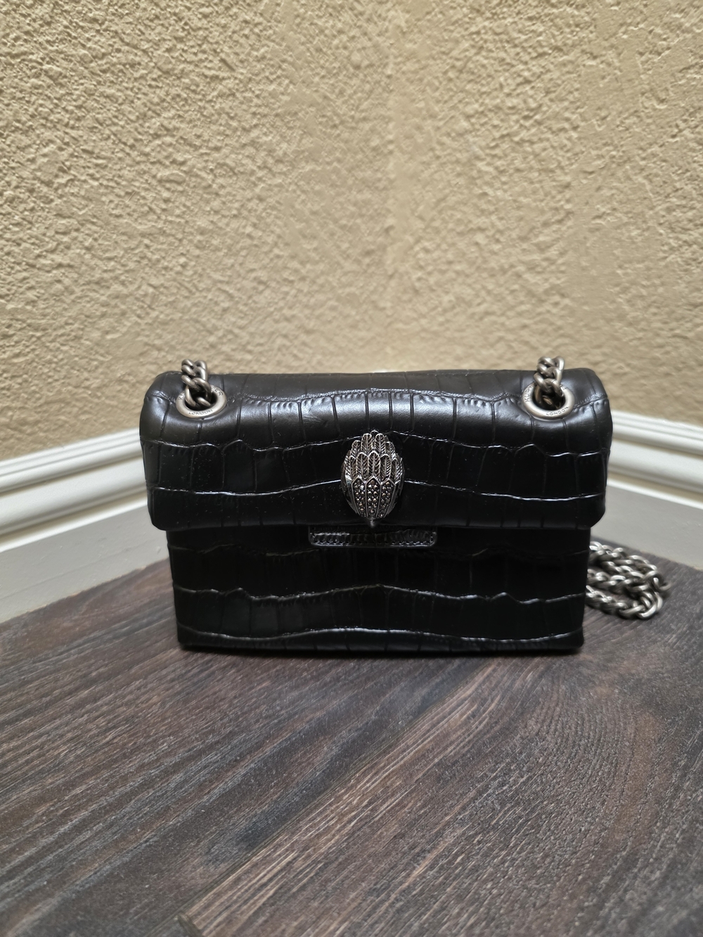 Kurt Geiger Black Croc-Embossed Chain Crossbody Bag